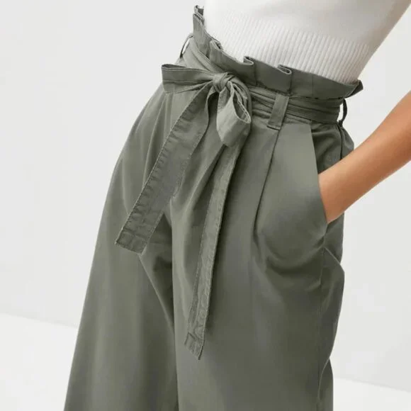 Everlane Paper Bag Waist Wide Leg High Rise Organic Cotton Pants Green XS - Picture 4 of 8